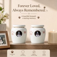 Urna Funeraria de Cerámica Personalizada con Foto, Urna de Porcelana Moderna y Lujosa para Mascotas, Urna con Huella de Pata y Corazón en Relieve, Recuerdo Conmemorativo para Cenizas de Cremación