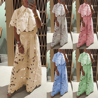 Ensemble pantalon deux pièces pour femmes, vêtements de boutique, streetwear, chemise à manches courtes avec broderie ajourée et pantalon large, ensemble deux pièces