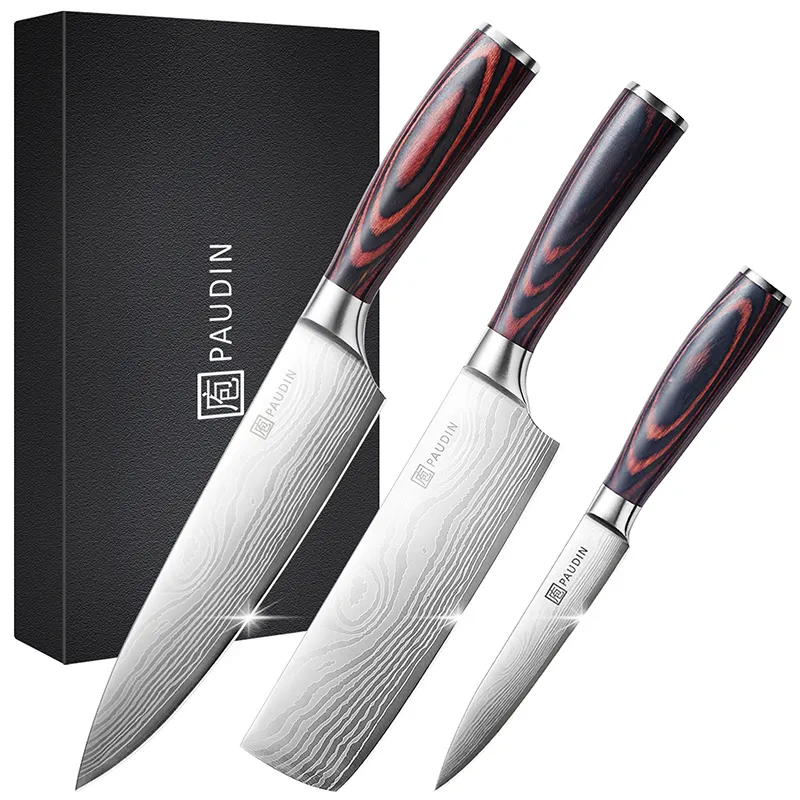 Set de 3 couteaux de cuisine personnalisés en acier inoxydable à lame ultra tranchante Set de couteaux de chef utilitaires avec manche en bois