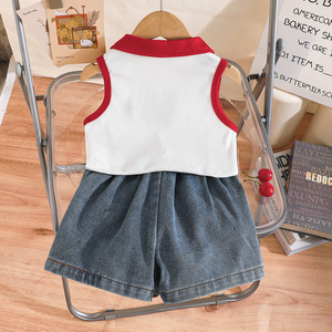 ชุดเสื้อผ้าเด็กผู้หญิงสุดน่ารัก ชุดฤดูร้อนลายสัตว์ เสื้อแขนกุดคอปก กางเกงยีนส์ขาสั้น สไตล์ลำลอง ระบายอากาศได้ดี ชุดสองชิ้น - Product Image 2