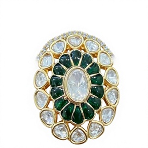 Flower Shape Cocktail <b>Ring</b> With Green And Clear Cubic Zirconia <b>24K</b> <b>Gold</b> Plated Brass For Women Party Wear - Product Image 2