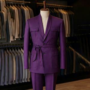 <span class=keywords><strong>Costume</strong></span> homme bleu marine avec ceinture, revers châle, coupe ajustée, blazer simple boutonnage, vêtement de luxe 2 pièces (veste et pantalon) pour le quotidien - Product Image 6