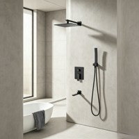 Ensemble de douche encastré noir carré en laiton avec mitigeur, pommeau de douche pluie et douchette à main pour salle de bain commerciale