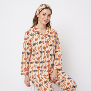 Ensemble de pyjama en coton imprimé floral élégant pour femmes, manches longues, col rabattu, longueur complète, taille élastique, vêtements de nuit décontractés - Product Image 1