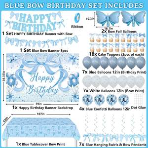 Decoraciones <span class=keywords><strong>de</strong></span> <span class=keywords><strong>Cumpleaños</strong></span> con Lazo Azul Coqueto <span class=keywords><strong>para</strong></span> Niñas y Mujeres, Pancarta <span class=keywords><strong>de</strong></span> Feliz <span class=keywords><strong>Cumpleaños</strong></span> en Azul Claro y Blanco, Globos, Mantel - Product Image 3