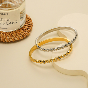 Hot Sale 18K Gold Plated Stainless Steel Jewelry Semi-Glossy Half <strong>Bead</strong> Zircon Cuff Bangles Waterproof for Women <strong>Bracelet</strong> B252583 - Product Image 5