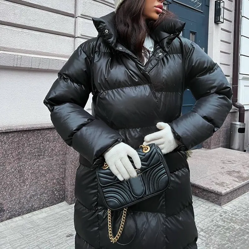 Fashion Black PU Leather Parkas Women Elegant Winter Thick Hooded Coats Women Straight Long Cotton Puff Jackets Ladies