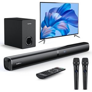 SunTrok Black Plastic <b>Soundbar</b> with <b>Subwoofer</b> 80W 2.1 Channel for Home Theater System with 2 Wireless Microphones - Product Image 1