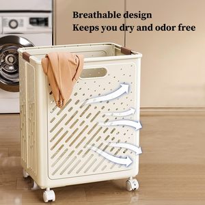 Large Capacity 60L Collapsible Plastic <strong>Laundry</strong> Hamper with Universal <strong>Wheels</strong> Breathable Bathroom Storage <strong>Basket</strong> - Product Image 4