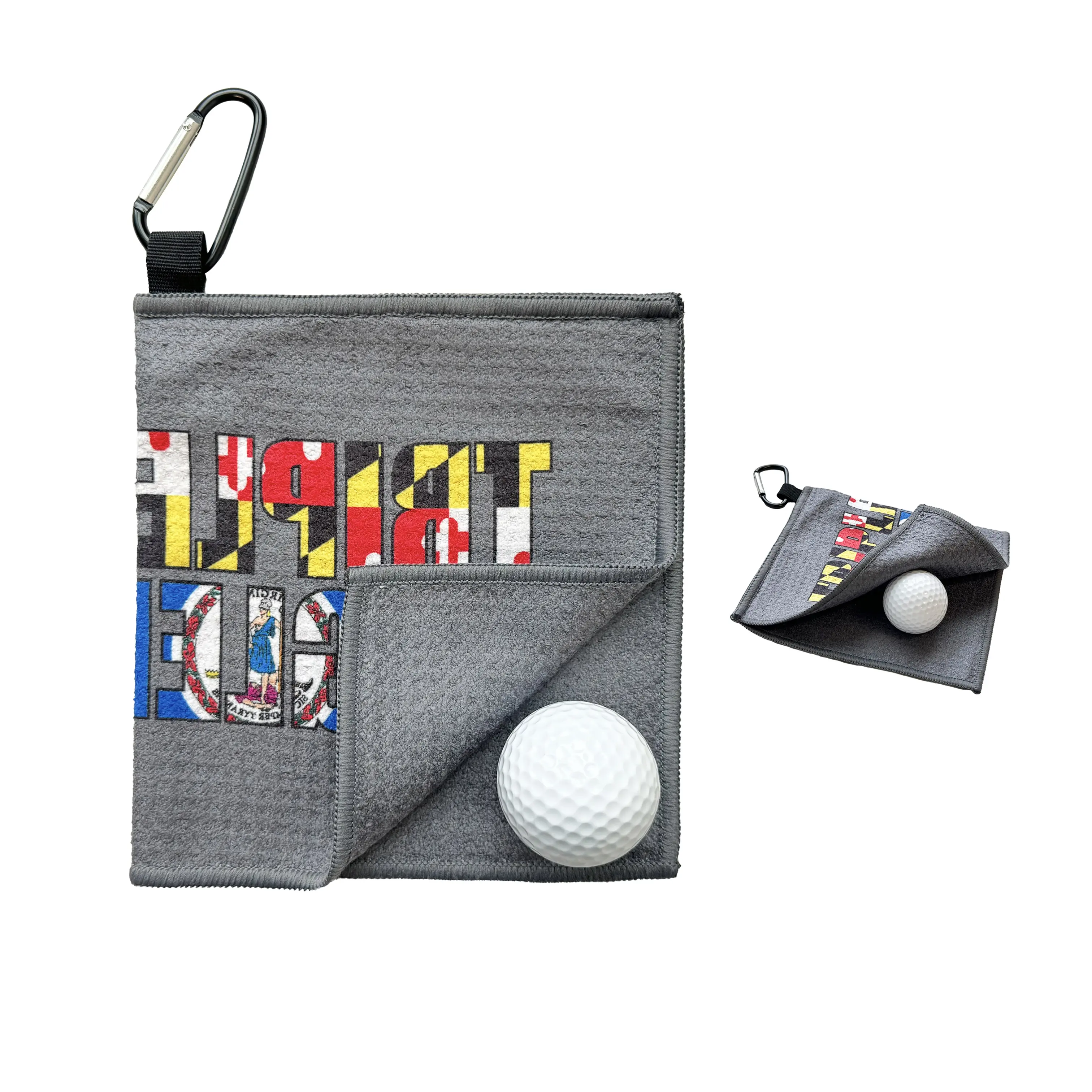 Toalla de limpieza de pelotas de golf de microfibra pequeña de tamaño personalizado con clip de mosquetón para bolsa de golf, carrito