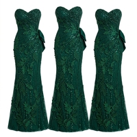 Robe de soirée asymétrique sirène vert émeraude de luxe, sans bretelles, ornée de sequins, de perles et de broderies de dentelle 3D en forme de feuille, avec nœud, longueur ras du sol, coupe naturelle