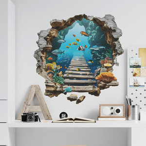 Autocollants muraux imperméables personnalisés en 3D avec un motif <span class=keywords><strong>de</strong></span> paysage sous-marin fissuré, <span class=keywords><strong>poissons</strong></span> océaniques, chambre à coucher, salon - Product Image 3