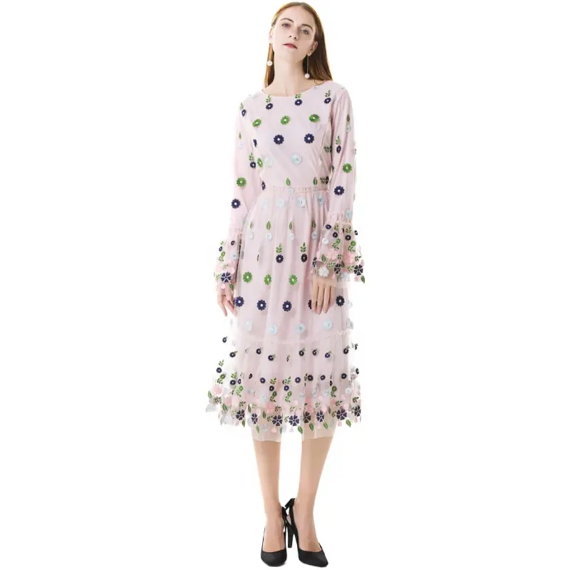 Hot Sales Pink Slim Down Blumen bestickt langes Kleid Frühling süße Flare Ärmel Frauen Kleidung ST0034