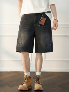 Shorts en jean déchiré pour homme, respirant, mi-long, à empiècements structurés, délavé, style vintage, coupe ample, 5 pouces, collection été 2026, décontracté - Product Image 3