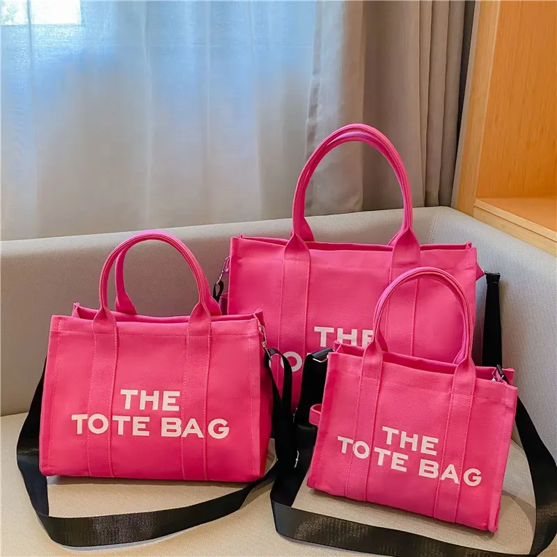 Canvas Tote Handbags 2022 Women Shopping Travel Large Medium Small Size 3 Pieces Set Purses Ladies Luxury Long Straps Canvas Tot