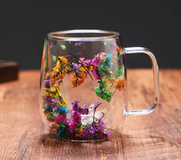 Mug isotherme à double paroi en verre sodocalcique, design esthétique DIY avec fleurs séchées, forme cœur, transparent, compatible lave-vaisselle et micro-ondes, pour boisson