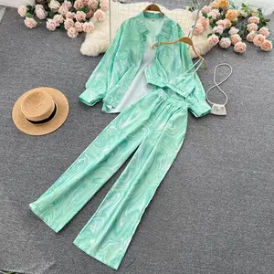 One size autumn women's small sling vest Printed long-sleeved shirt top High waist wide leg trousers Three-piece set