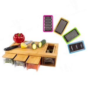 Large Bamboo Chopping Cutting Board with 4 Containers, Lids, and Graters, Board with Stackable Trays Easy-grip Handle Groove