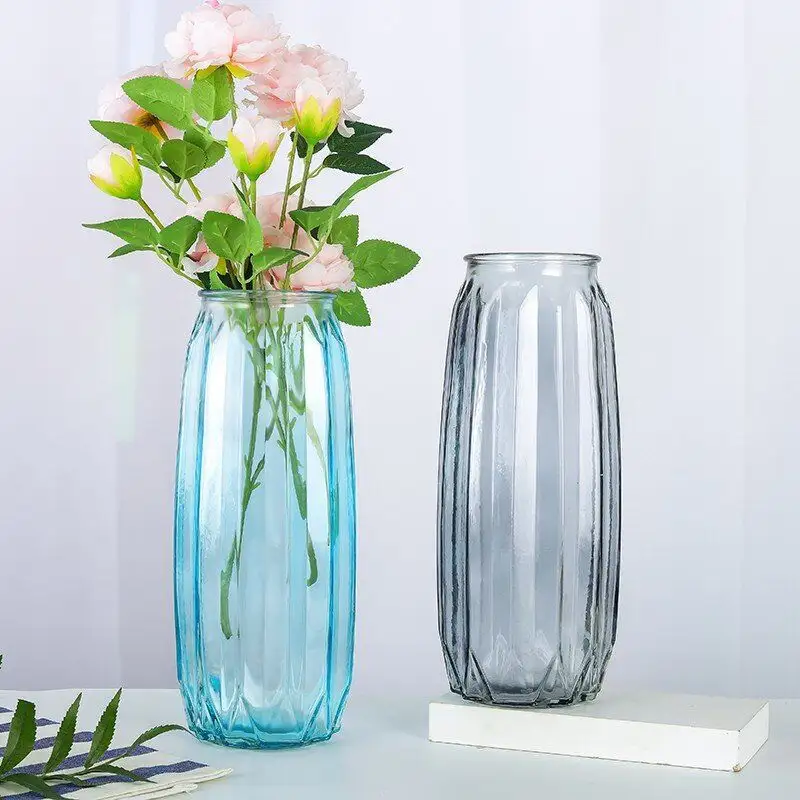 Nouveau vase à fleurs en bambou riche 30cm haut bord vertical vase en verre couleur transparent simple bouteille en verre décoration de la maison bleu violet