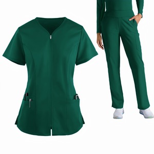 Blouses médicales pour femmes, couleur unie, col en V, manches courtes, polyester, uniformes d'hôpital pour le travail médical avec fermeture éclair avant et poches - Product Image 4