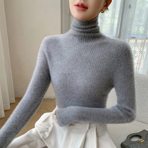 女式罗纹高领修身100%羊绒套头衫打底毛衣 - Product Image 6