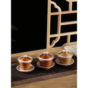 Handmade Dehua White Porcelain Gaiwan Three Piece <b>Set</b> With Bamboo Weaving Lid For Kung Fu <b>Tea</b> - Product Image 1