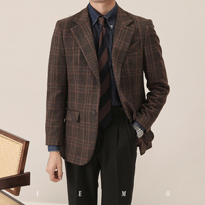 가을과 겨울 패션 시니어 센스 트위드 격자 무늬 세트 재킷 남성 통근 젠트리 정장 세트 - Product Image 6