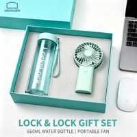 Ensemble cadeau d'été personnalisé avec logo, bouteille d'eau LocknLock, ventilateur, parapluie, batterie externe, cadeau d'entreprise, 660 ml