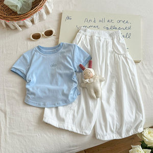 Tongxingyuan Girls Summer Outfit Set Short Sleeve Cotton Two Piece Thin Solid Color Children's Clothing - Product Image 3