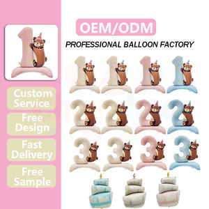 Ballons en feuille de designer Joyeux Anniversaire en forme de gâteau pour la décoration de fête du 1er anniversaire, ballons chiffres à hélium et ballon en feuille ours - Product Image 1
