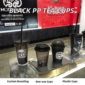 Disposable Plastic Coffee Black PET <b>Cups</b> 90mm Diameter with Lids Custom Logo for Hot <b>Cold</b> Bubble Tea - Product Image 2