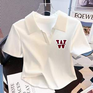 Camiseta Corta Básica Blanca con Cuello <span class=keywords><strong>Polo</strong></span> para <span class=keywords><strong>Mujer</strong></span>, de Algodón Elástico, Manga Corta, Ajustada - Product Image 1