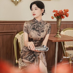 Vestido <span class=keywords><strong>Cheongsam</strong></span> Largo <span class=keywords><strong>de</strong></span> Satén para Mujer, Estilo Retro, Elegante, para Banquetes y Actuaciones, Venta al Por Mayor, Moda Tradicional China, Primavera-Verano - Product Image 4