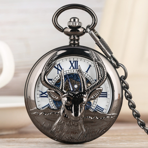 Jam tangan saku mekanis untuk pria, arloji saku kerangka Steampunk hitam kambing berongga dengan rantai & angka Romawi biru, hadiah Gotik unik untuk pria - Product Image 1