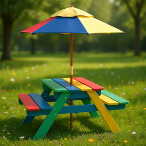 Juego de mesa de picnic de madera multicolor para niños con sombrilla extraíble Construcción robusta para edades 3-6 para diversión al aire libre - Product Image 2