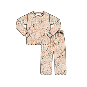 GLP3299 Ensemble personnalisé pour petite fille, imprimé fleurs orange, tenues de printemps pour filles, vêtements pour enfants en gros, ensemble festonné pour fille - Product Image 2