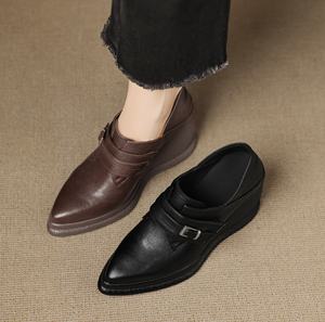 Pancake shaped bottom belt buckle one <b>heel</b> pointed-<b>toe</b> stylish all color leather shoes Mid Calf - Product Image 4