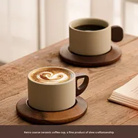 Ensemble de tasses à café en céramique de style vintage avec motif floral, mug à thé avec sous-verre en bois, cadeau pour les clients avec logo
