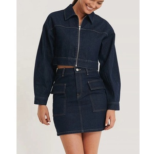 Ensemble <span class=keywords><strong>jupe</strong></span> <span class=keywords><strong>cargo</strong></span> et veste courte en jean bleu personnalisé pour femme, ensemble deux pièces en jean pour femme, ensembles de jeans 2 pièces - Product Image 2