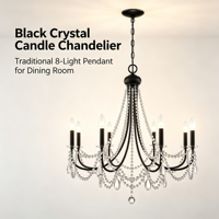 Lustre en cristal noir mat à 8 lumières, luminaire suspendu en cristal perlé en forme de goutte d'eau pour salle à manger, salon, villa