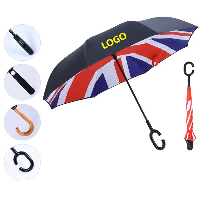 Paraguas personalizado con logotipo impreso en forma de lluvia y mango al revés paraguas de tela doble automático a prueba de viento