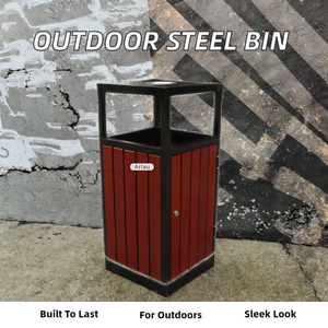 Outdoor Rectangular Wood Waste <b>Bin</b> with Metal Frame and Removable Inner Bucket Classic Style - Product Image 2