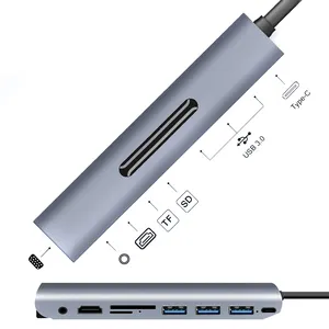 Hub Pembaca Kartu TF USB Tipe C, Hub Ke 3 USB 3.0 VGA 4K 3.5Mm Audio DF dengan Adaptor PD Tipe C untuk Macbook 9 In 1