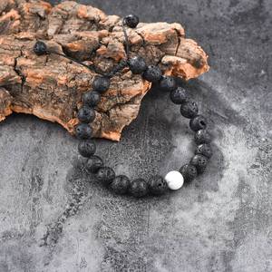 Classic Trendy Black Lava White Howlite <b>Beaded</b> <b>Bracelet</b> Adjustable Unisex Jewelry Gift for Couples Lovers Valentine's Day - Product Image 4