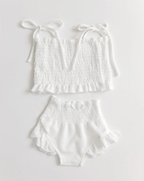 Ensemble de salon pour bébé en coton gaufré personnalisé, haut à épaules nouées et bloomers à volants pour fille, été