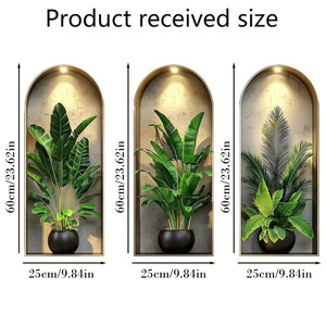 Papier peint décoratif transfrontalier, simulation de plantes vertes en pot 3D, <span class=keywords><strong>triptyque</strong></span>, autocollant mural, décoration intérieure, auto-adhésif - Product Image 6