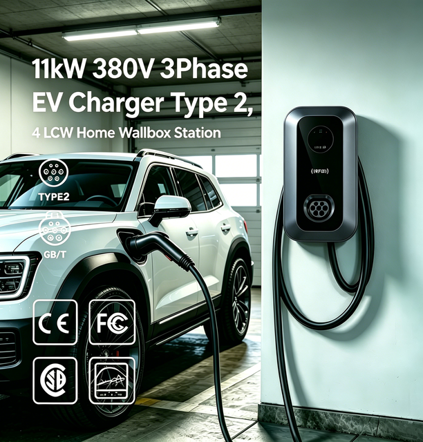 New 11kW 3 Phase Wall Mounted EV Charging Station with 4 LCD Display WiFi for RFID OCPP 1.6J IP65-Rated CE Approved Type 2