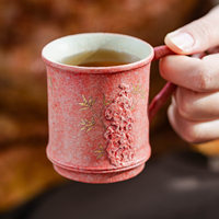 Ensemble de tasses en porcelaine rose cerise, rouge et café, style bambou, pour latte art, design moderne minimaliste, poignée exquise haut de gamme