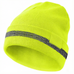 Neon <b>Green</b> Heavyweight Knit <b>Beanie</b> Striped Cuffed Winter Hat Custom Logo Thermal Fleece Lined Cap for Outdoor - Product Image 1
