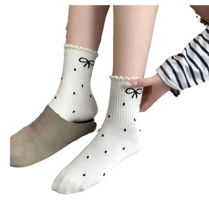 Polka Dot Bow Slouch <b>Socks</b> Cotton Women's Mid-Calf Breathable Odor Control <b>Black</b> Dark Gray Light Gray White - Product Image 4